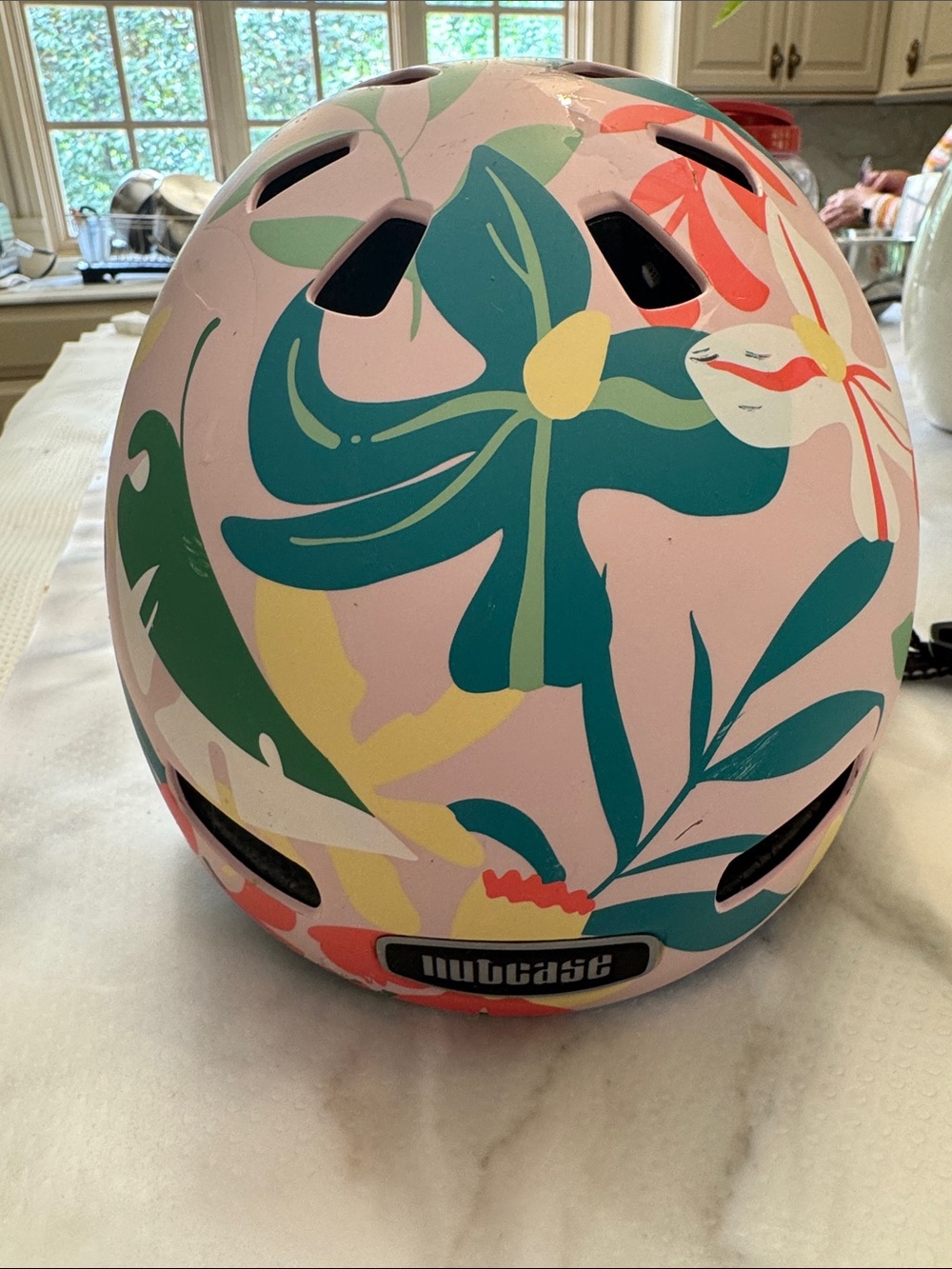 Nutcase Floral Pattern Bike Helmet in Pink with Green & Coral Accents - Picture 2 of 4